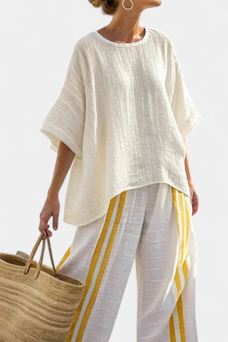Joelle | Elegant Yellow Striped Linen Top & Wide-Leg Pants