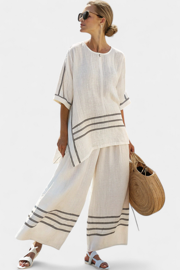 Adelyn | Sophisticated Striped Asymmetrical Top & Bold Pants
