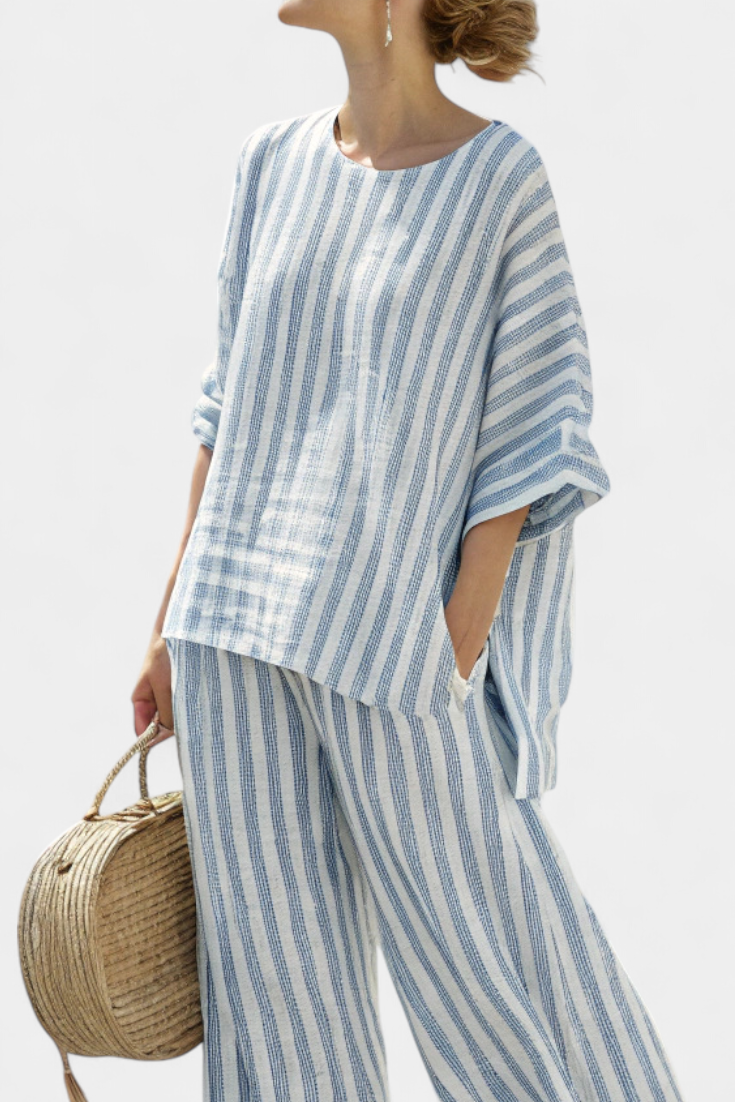 Kalea | Sophisticated Blue Striped Linen Top & Relaxed Pants