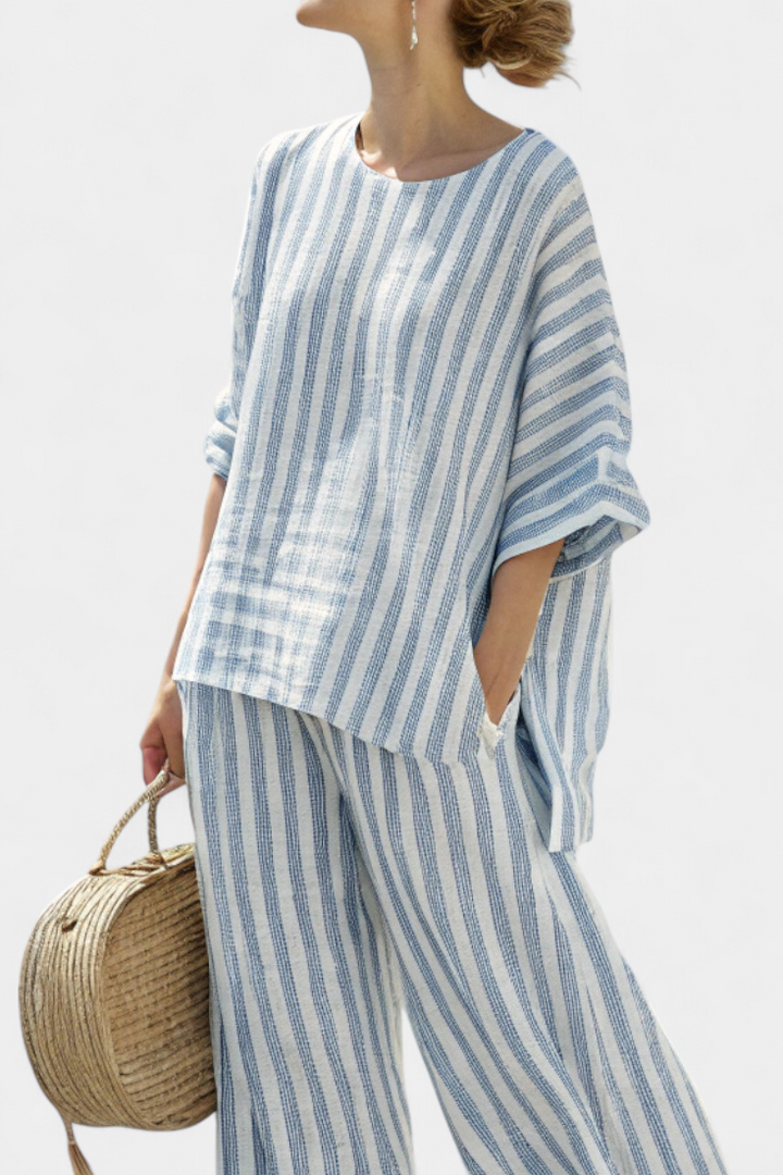 Kalea | Sophisticated Blue Striped Linen Top & Relaxed Pants