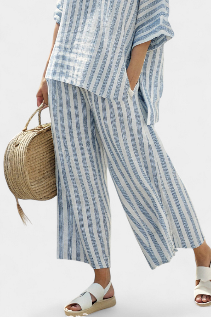 Kalea | Sophisticated Blue Striped Linen Top & Relaxed Pants