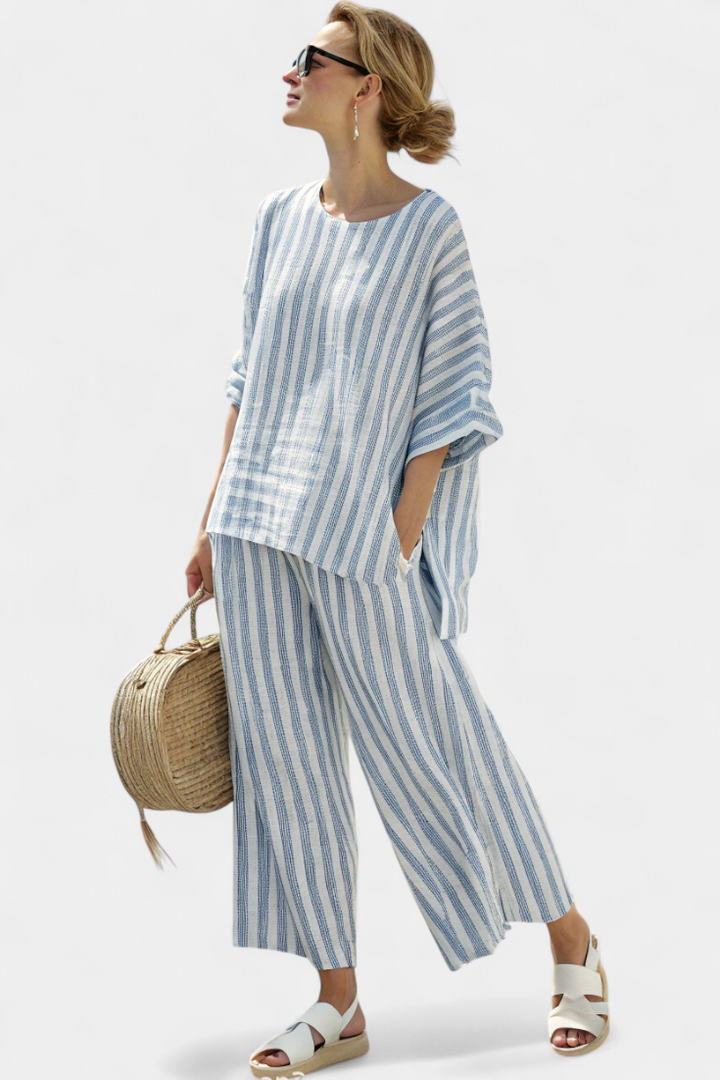 Kalea | Sophisticated Blue Striped Linen Top & Relaxed Pants