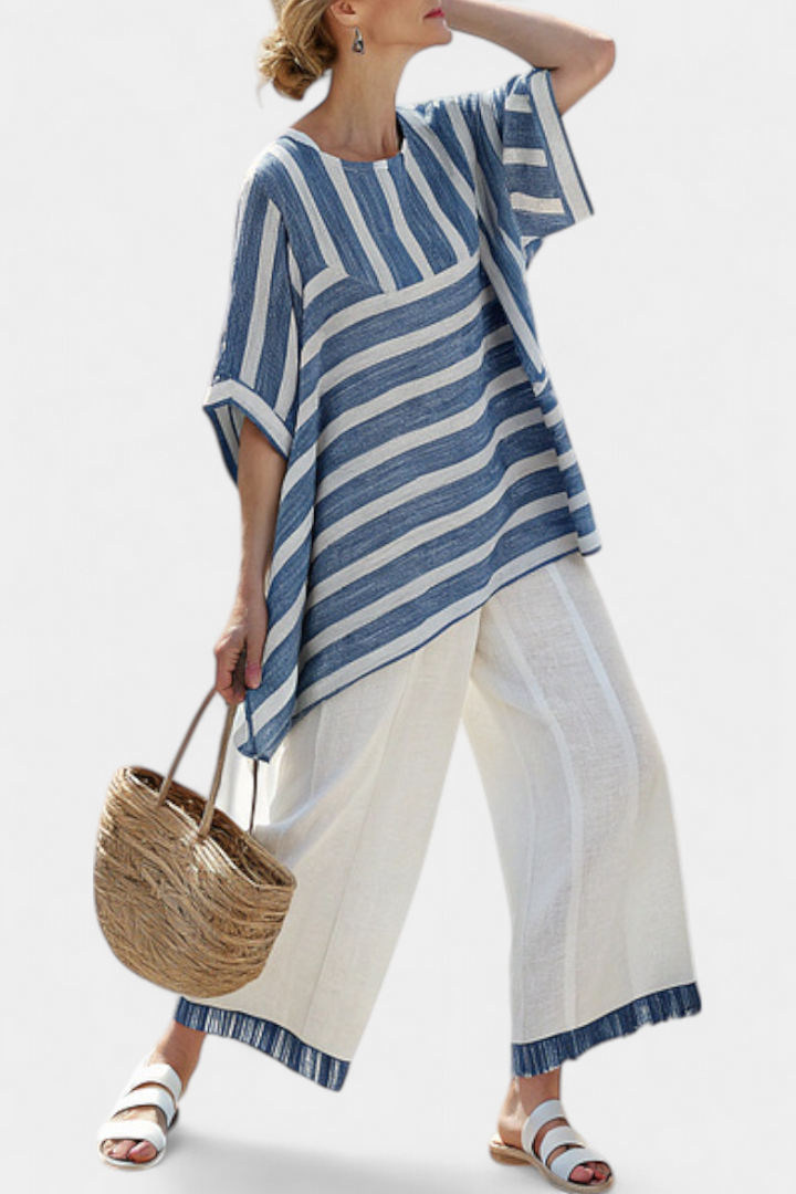 Lourdes | Sophisticated Blue Striped Top & Hem-Detailed Pants