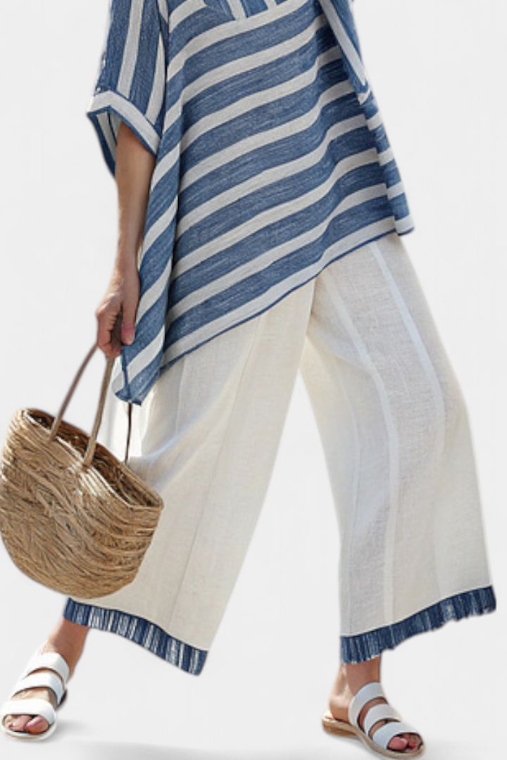Lourdes | Sophisticated Blue Striped Top & Hem-Detailed Pants