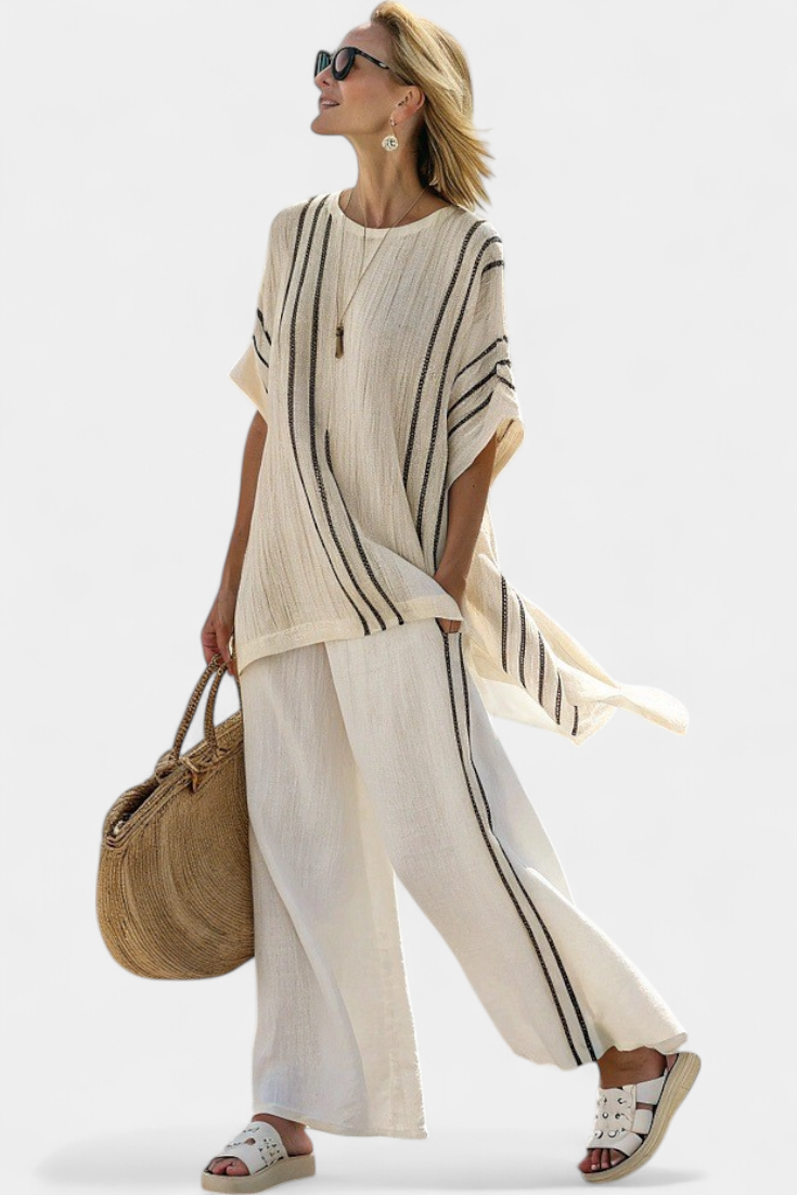 Emelia | Elegant Ivory Linen Blouse & Black Striped Pants
