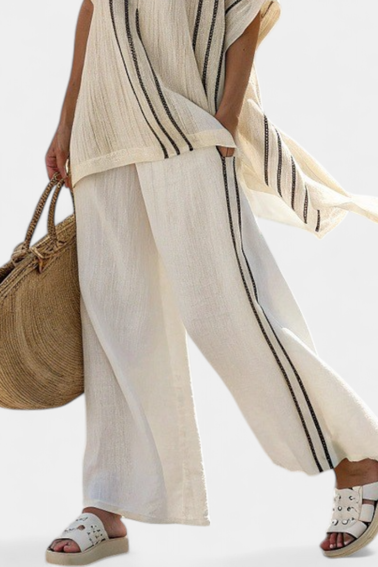 Emelia | Elegant Ivory Linen Blouse & Black Striped Pants