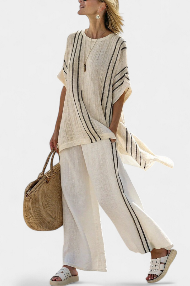 Emelia | Elegant Ivory Linen Blouse & Black Striped Pants