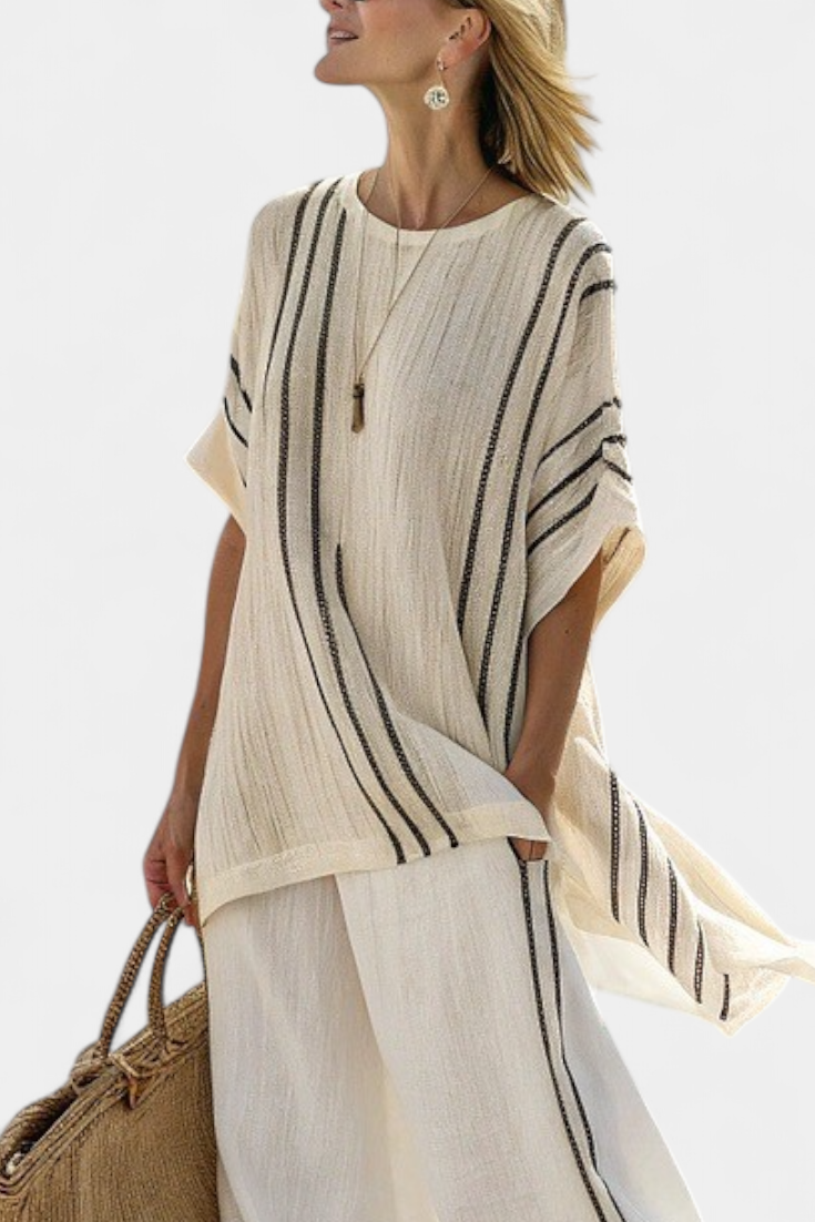 Emelia | Elegant Ivory Linen Blouse & Black Striped Pants
