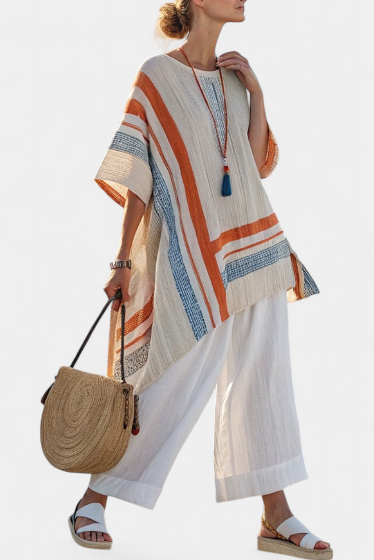 Sacha | Sophisticated Asymmetrical Blouse & Wide-Leg Linen Pants