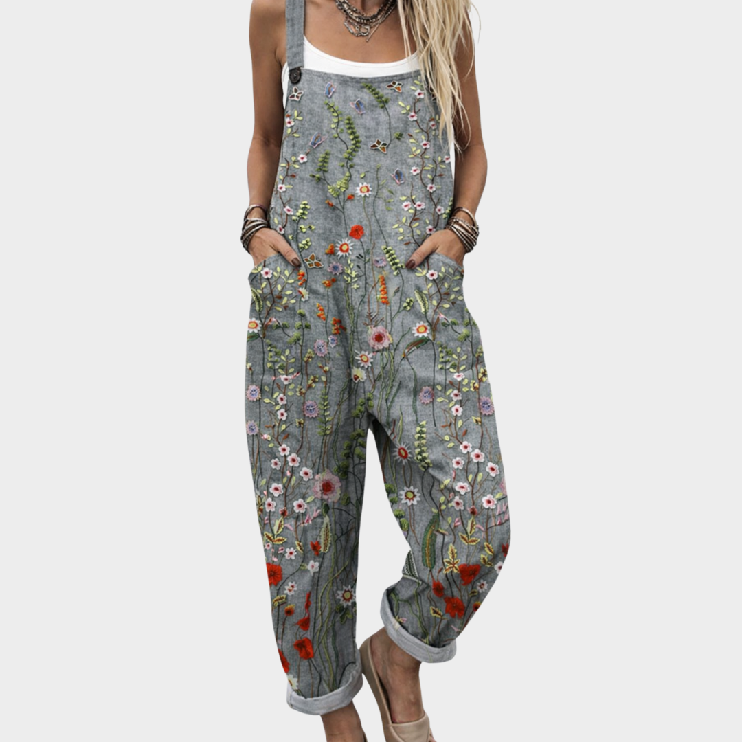 Emma | Gray Floral Overalls
