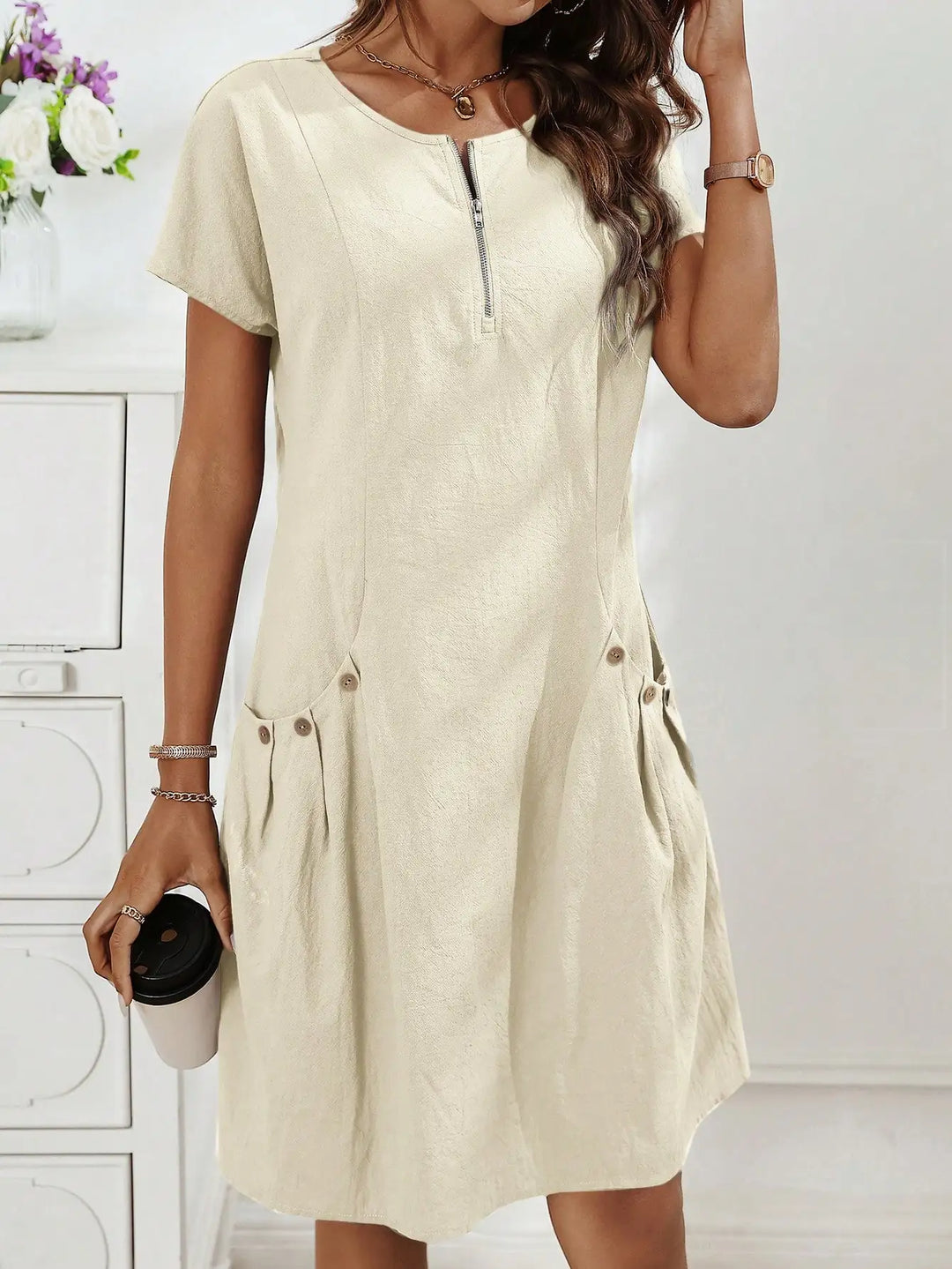 Gwendolen | Collar Pocket Dress — Short Sleeve Summer Knit Cotton Blend Dress