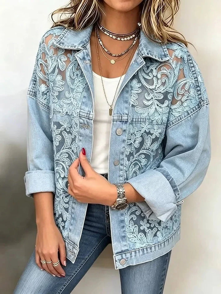 Vivien – Floral Lace Panel Denim Jacket