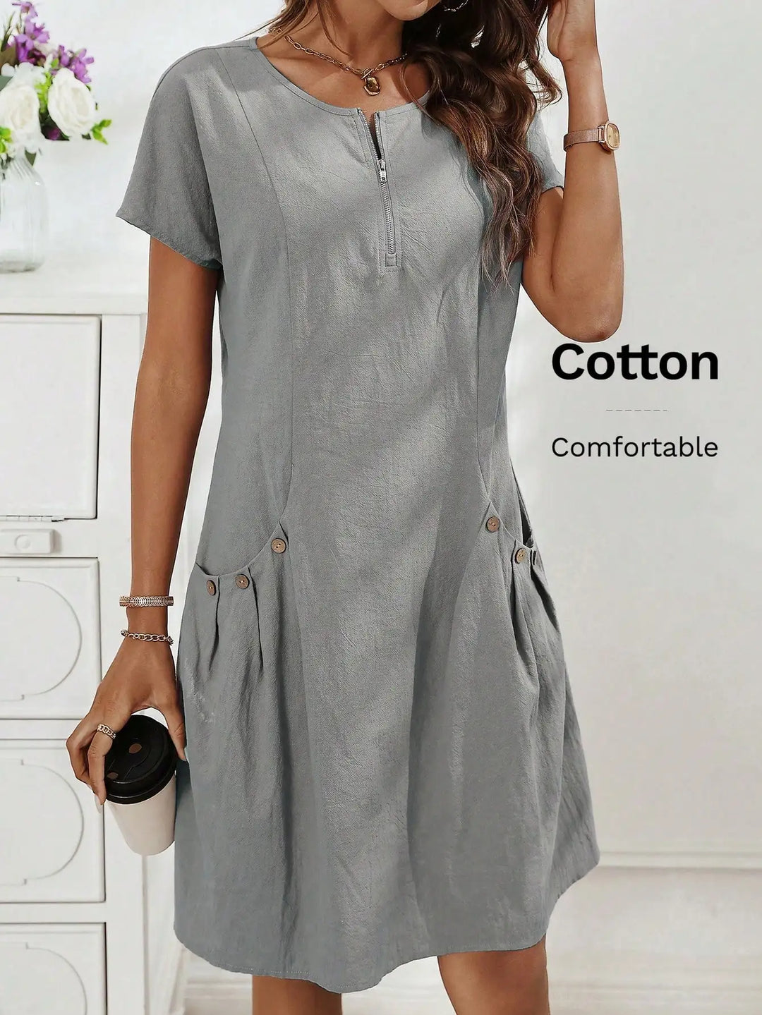 Gwendolen | Collar Pocket Dress — Short Sleeve Summer Knit Cotton Blend Dress