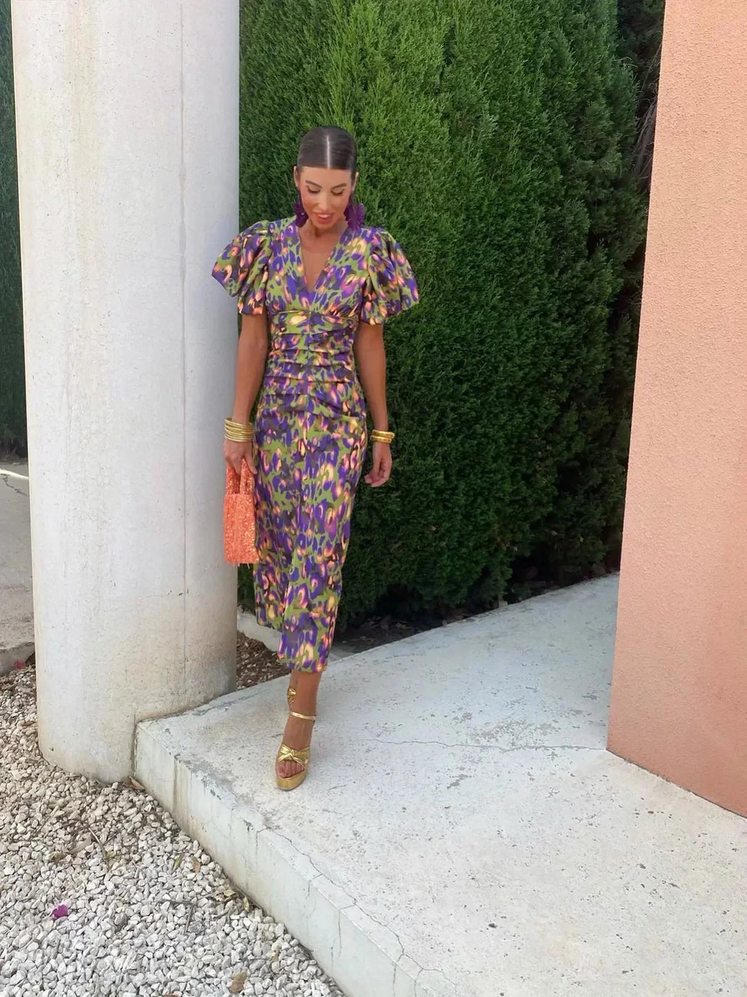 Lateefah | Vibrant Midi Dress with Puff Sleeves