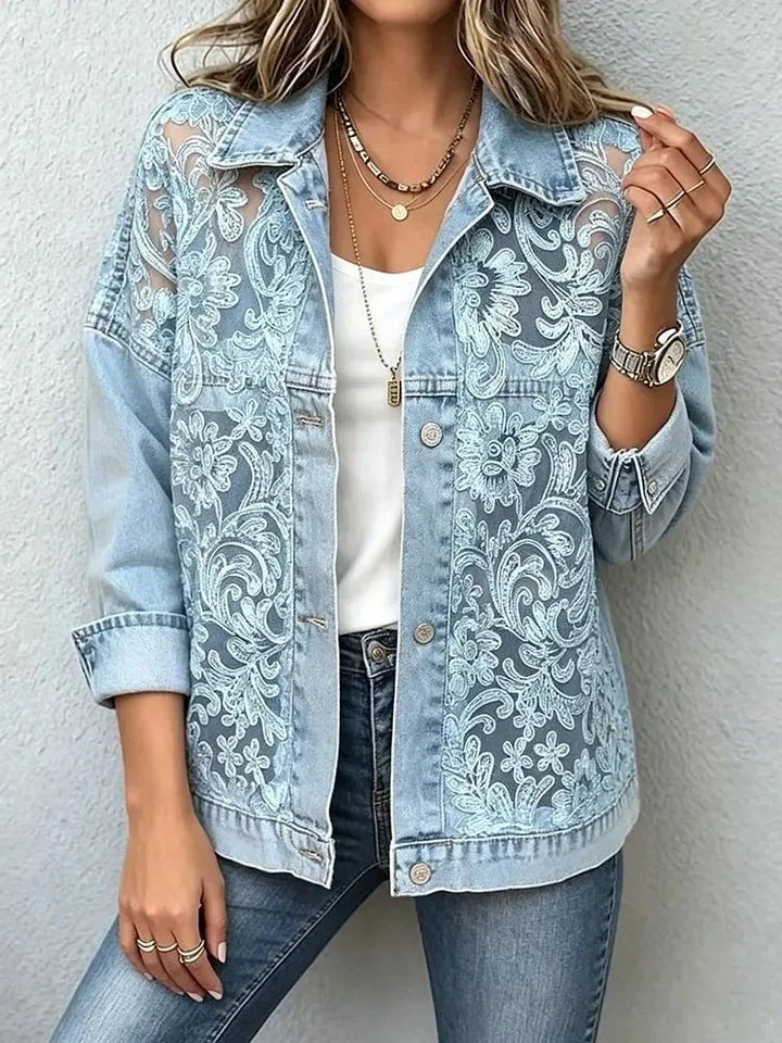 Vivien – Floral Lace Panel Denim Jacket