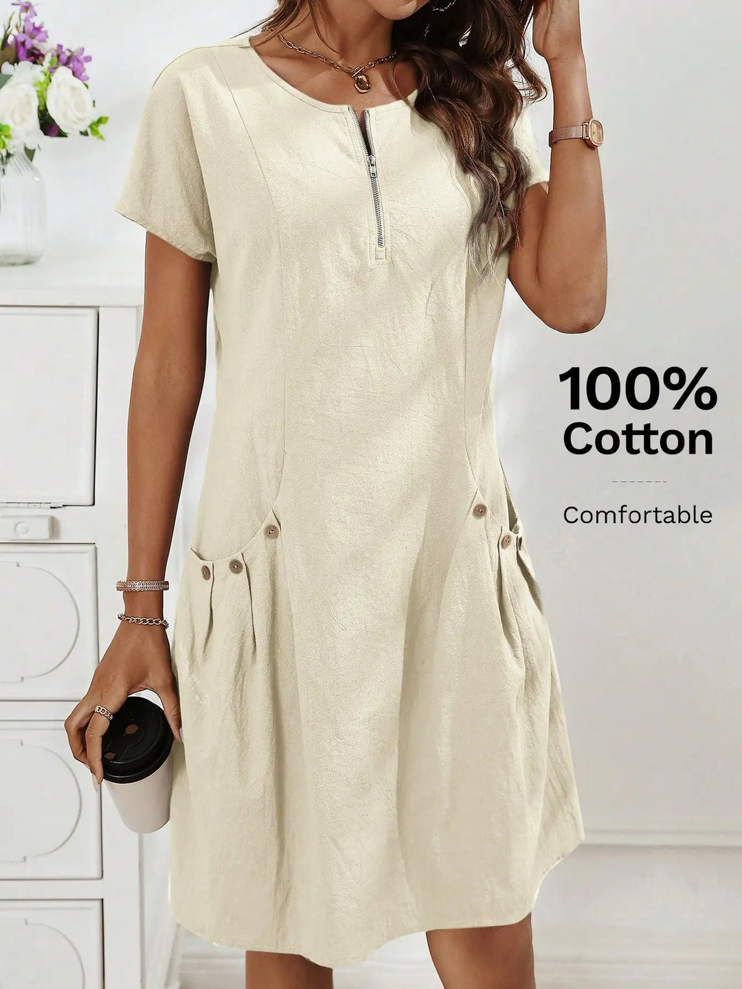 Gwendolen | Collar Pocket Dress — Short Sleeve Summer Knit Cotton Blend Dress