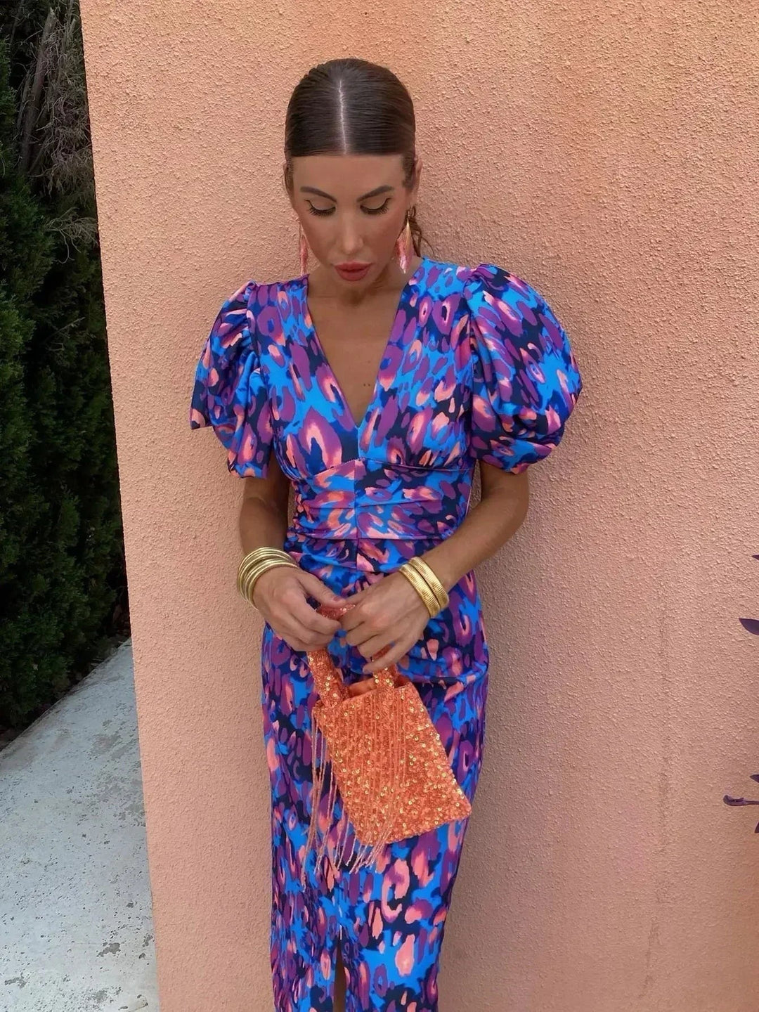Lateefah | Vibrant Midi Dress with Puff Sleeves