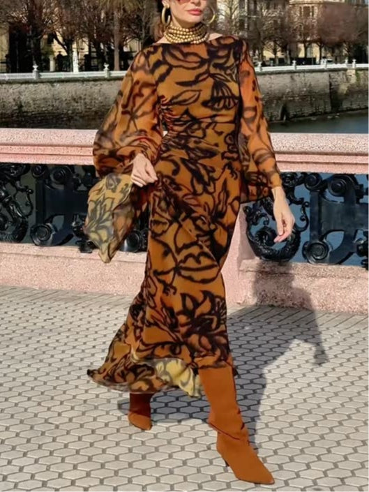 Noemi | Beach Glam Brown Long Printed Dress