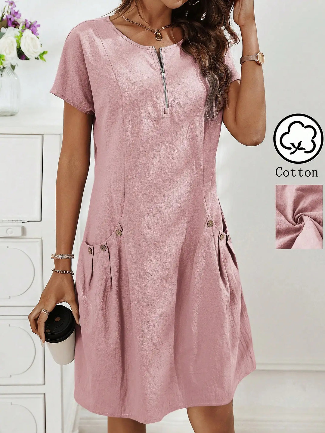 Gwendolen | Collar Pocket Dress — Short Sleeve Summer Knit Cotton Blend Dress