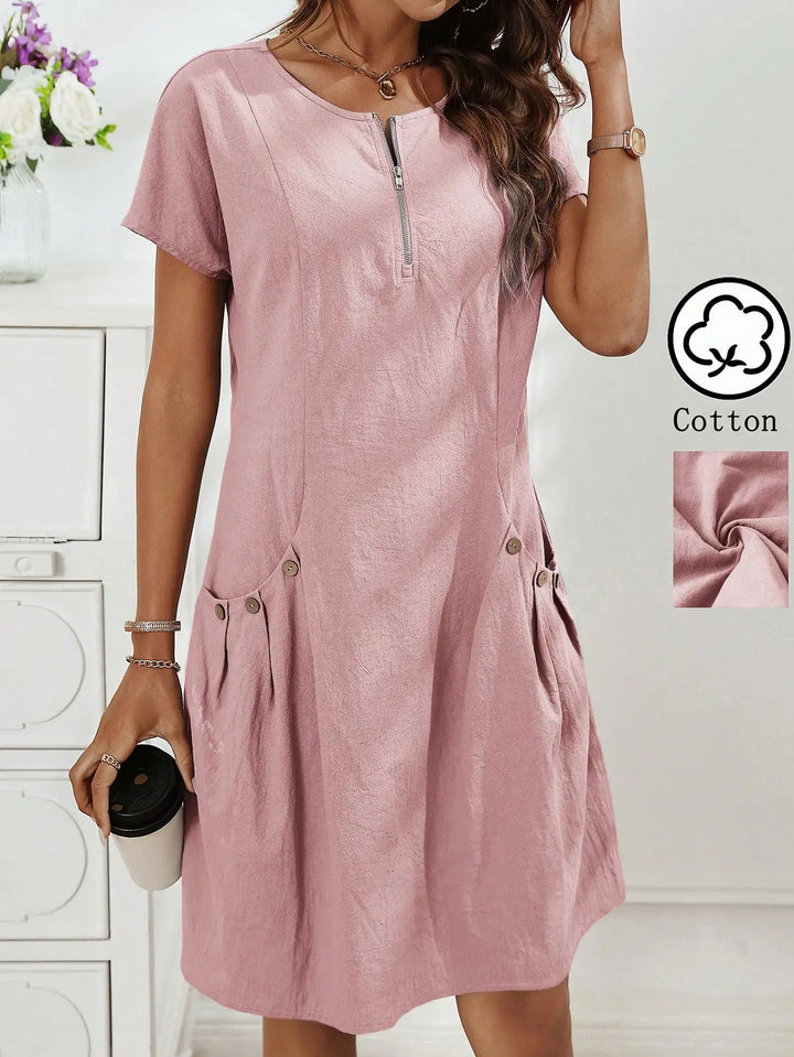 Gwendolen | Collar Pocket Dress — Short Sleeve Summer Knit Cotton Blend Dress