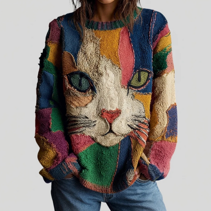 Angela – Artistic Cat Print Statement Sweater