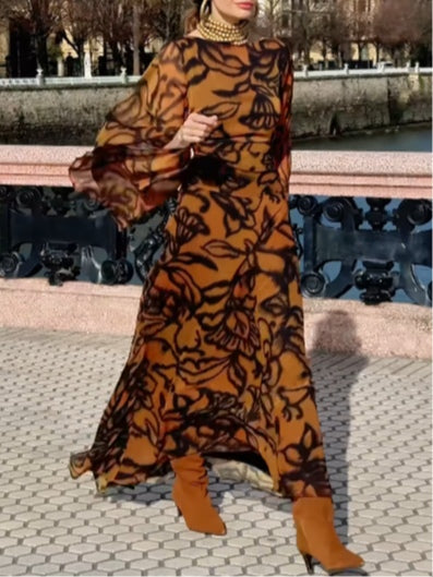Noemi | Beach Glam Brown Long Printed Dress