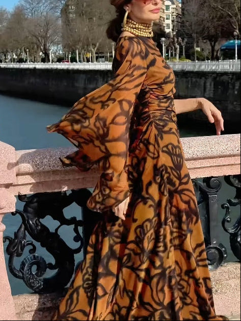 Noemi | Beach Glam Brown Long Printed Dress