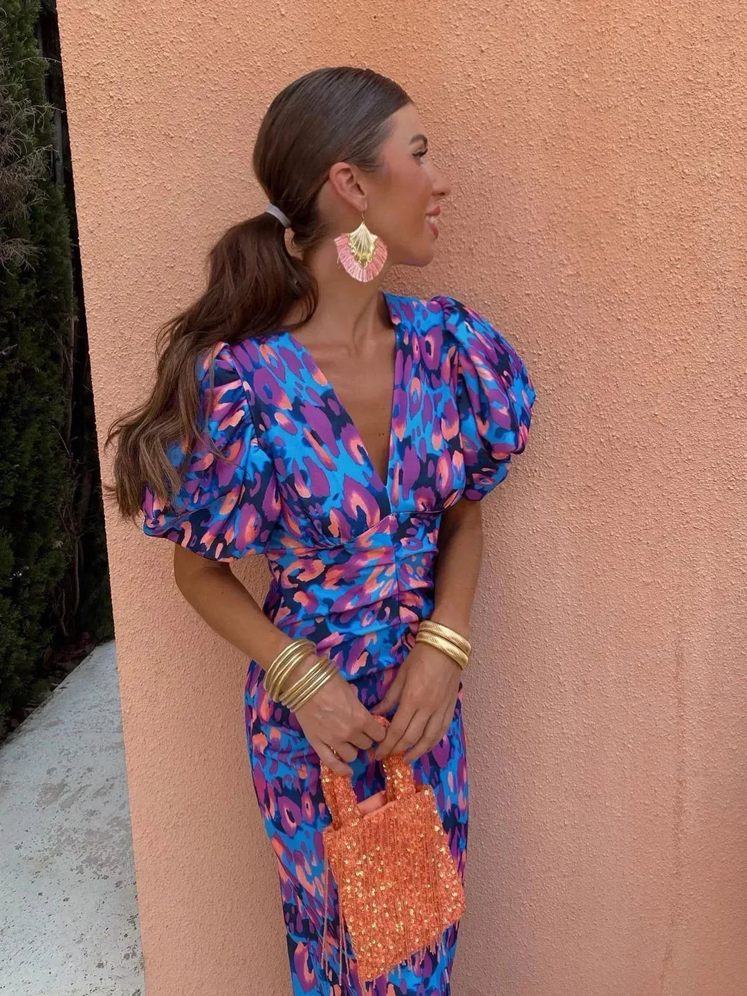 Lateefah | Vibrant Midi Dress with Puff Sleeves