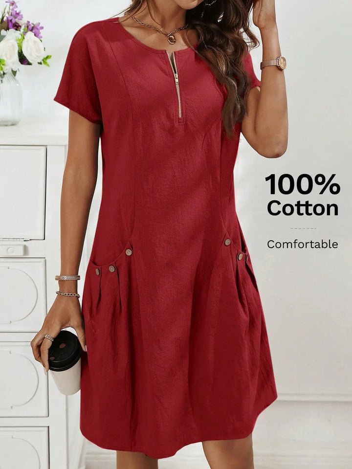 Gwendolen | Collar Pocket Dress — Short Sleeve Summer Knit Cotton Blend Dress