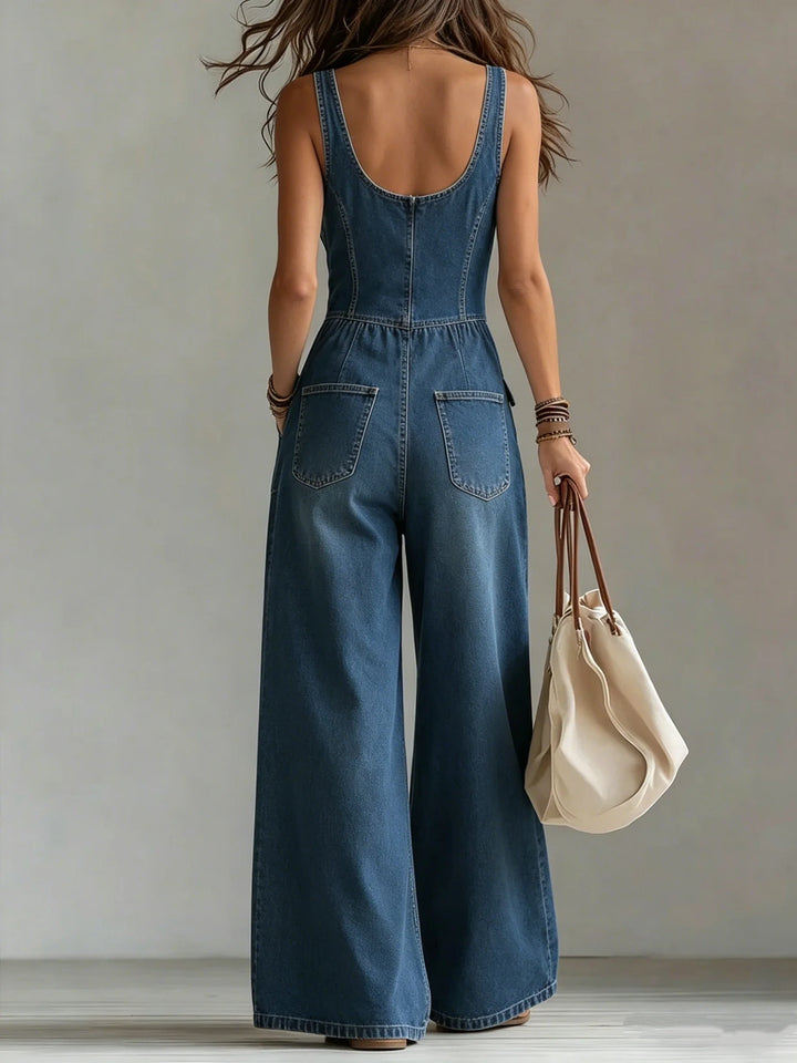 Louise – Wide Leg Denim-Look Jumpsuit
