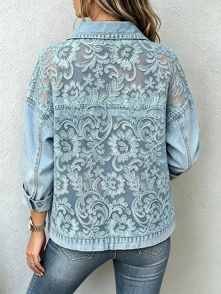 Vivien – Floral Lace Panel Denim Jacket