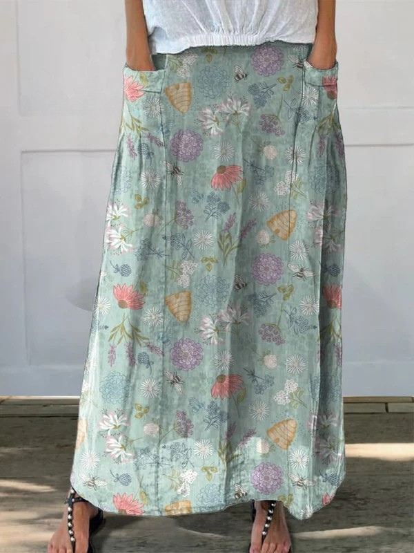 Dianne | Spring Floral and Bumble Bee Pattern Printed Women's Linen Pocket Skirt