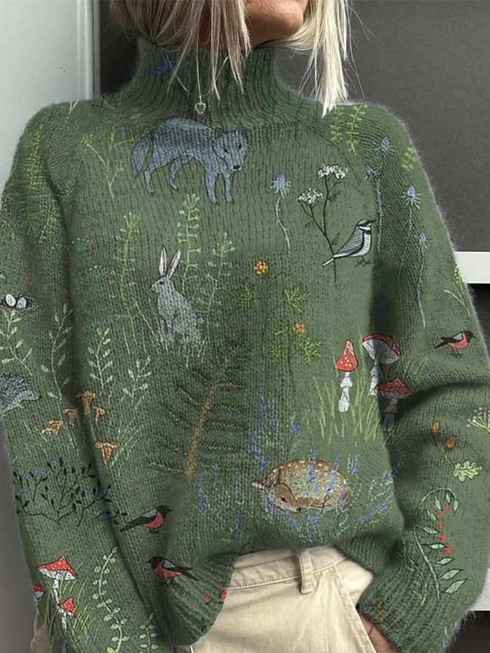 Mirielle | Animal Pattern Printed Knit Turtleneck Pullover Sweater