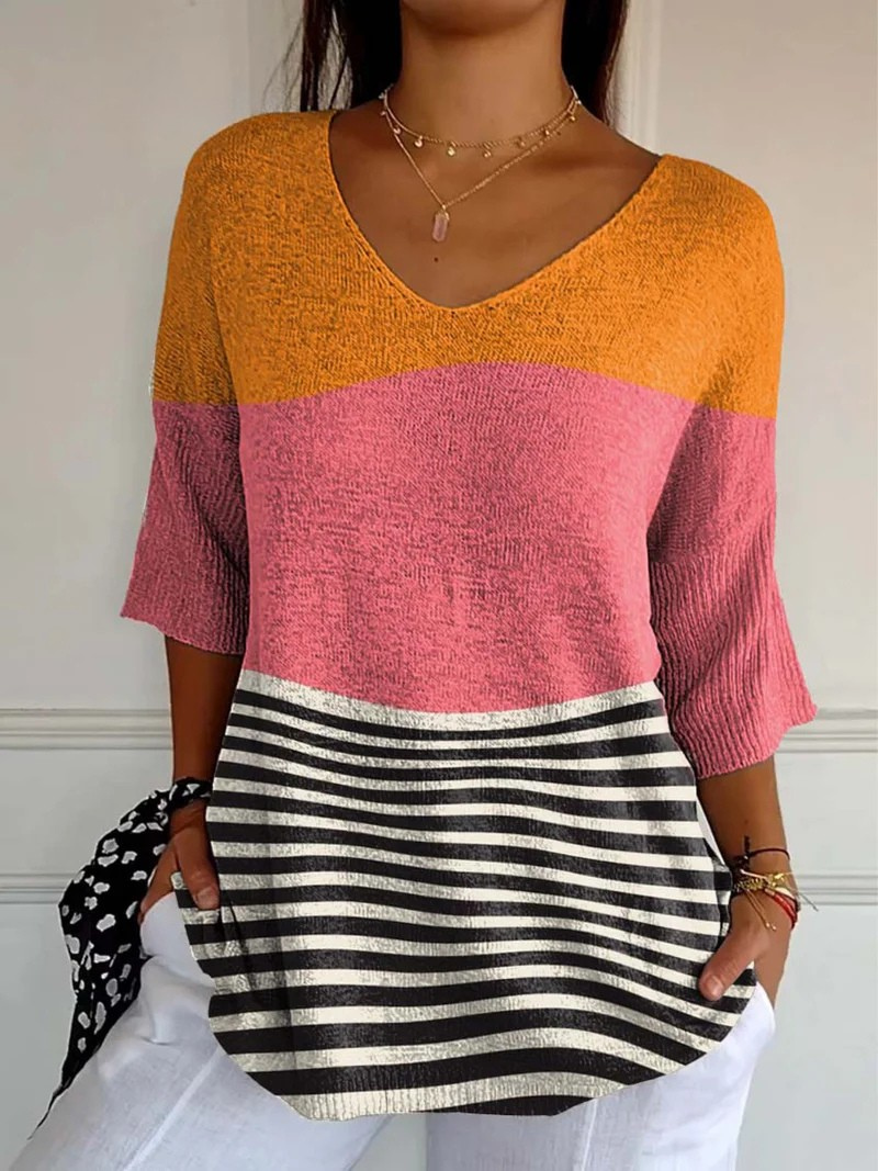 Judith | Abstract Line Pattern Art Print Casual Knit Pullover