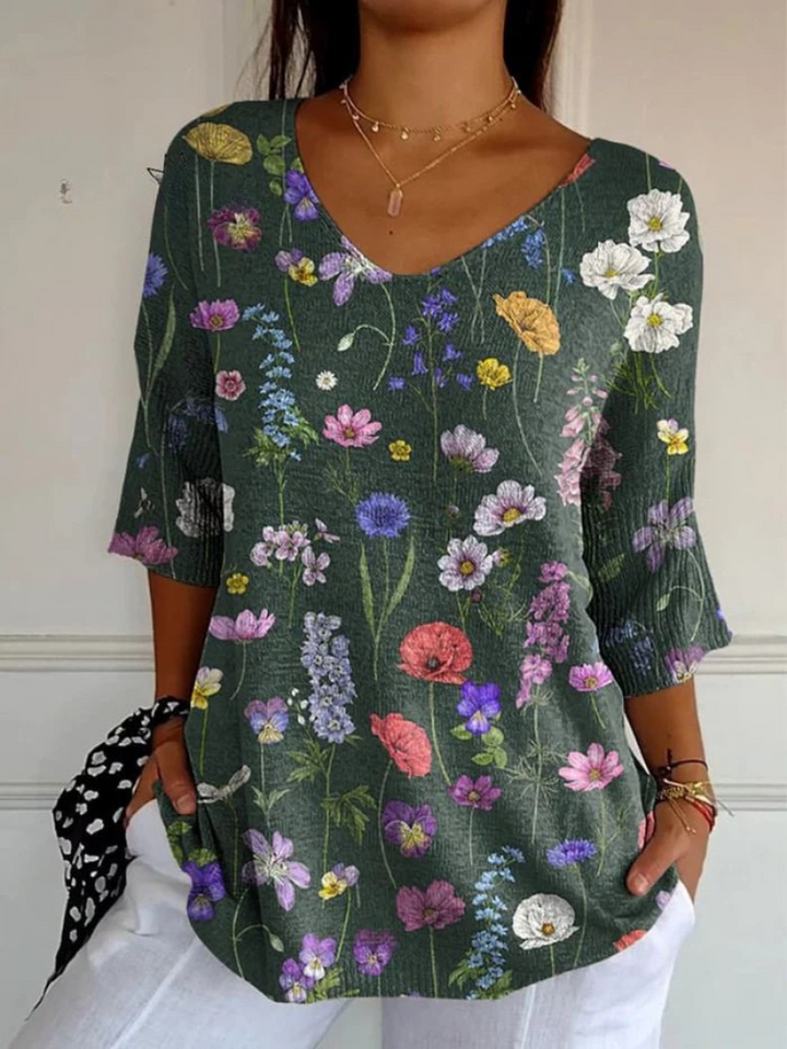 Simone | Vibrant Spring Botanical Garden Pattern Printed Women's Casual Pullover Knit