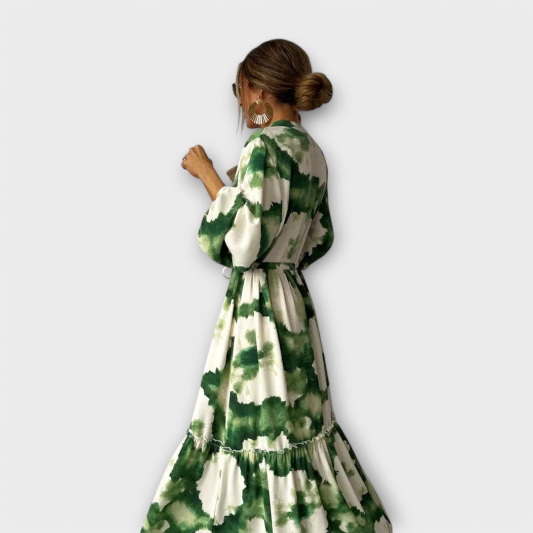 Mabella | Green Maxi Dress with Long Sleeves and V-Neck
