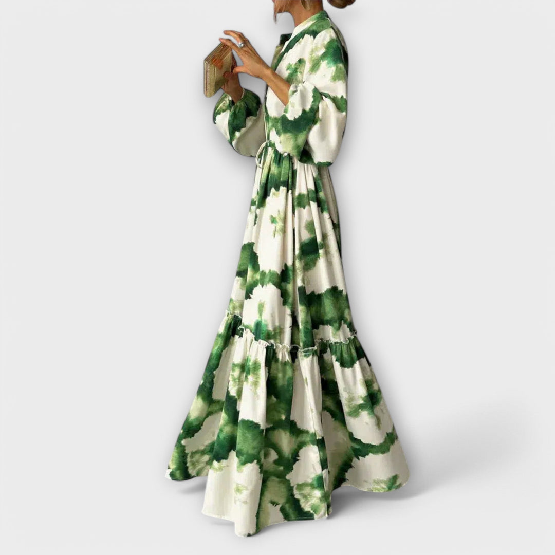 Mabella | Green Maxi Dress with Long Sleeves and V-Neck