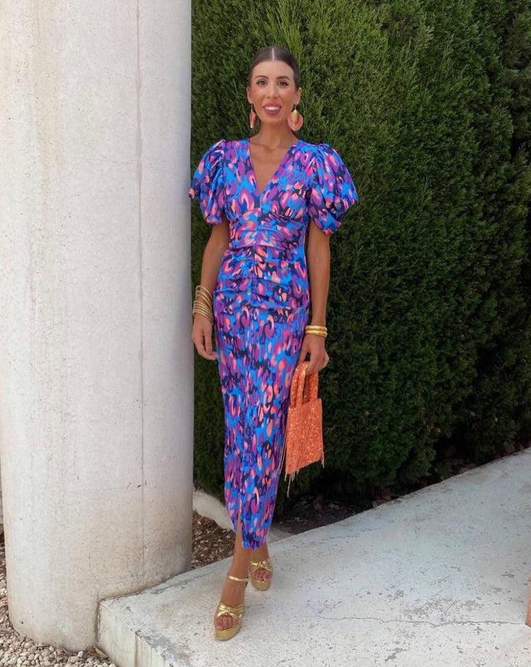 Lateefah | Vibrant Midi Dress with Puff Sleeves