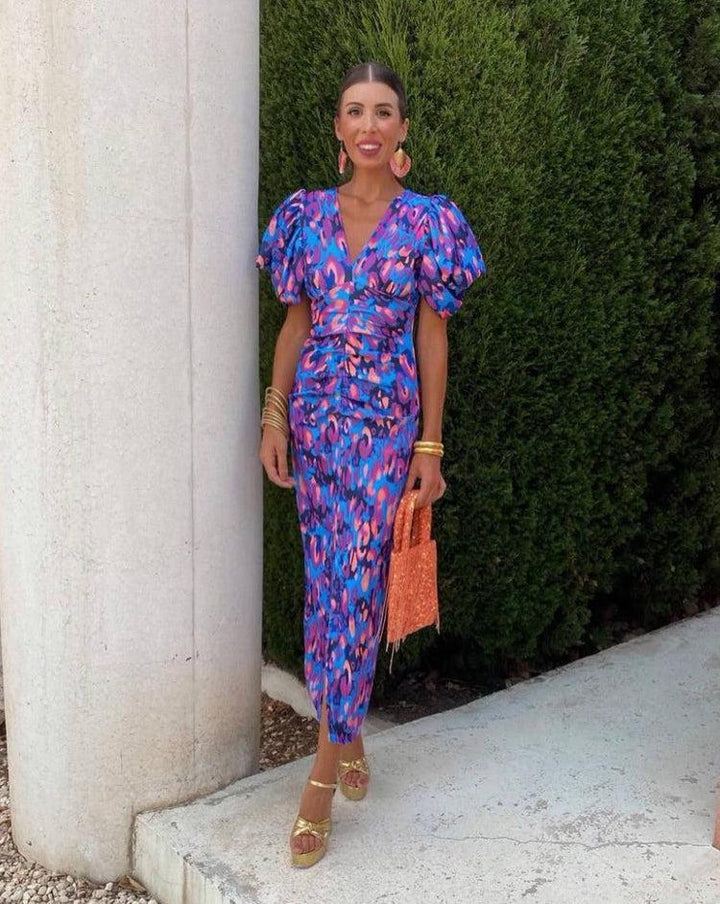 Lateefah | Vibrant Midi Dress with Puff Sleeves