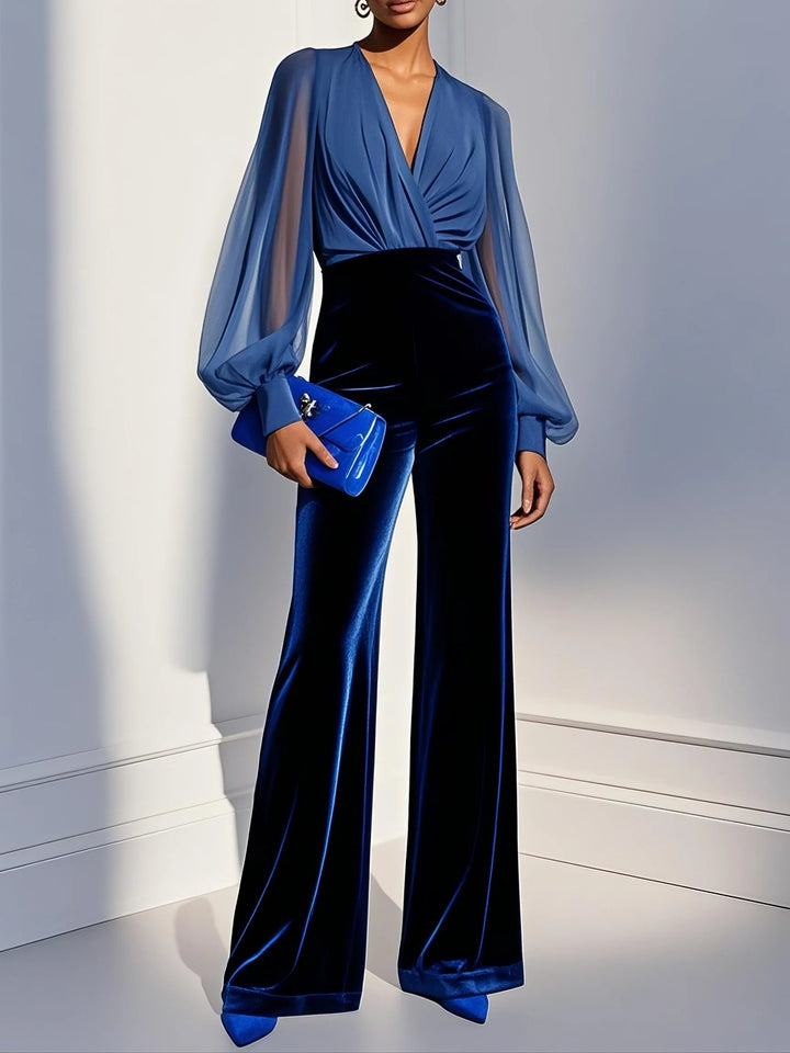 Drew | Blue Mesh V-Neck Long Sleeve Velvet Jumpsuit