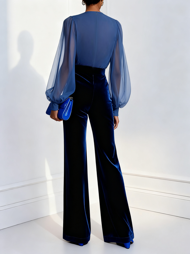 Drew | Blue Mesh V-Neck Long Sleeve Velvet Jumpsuit