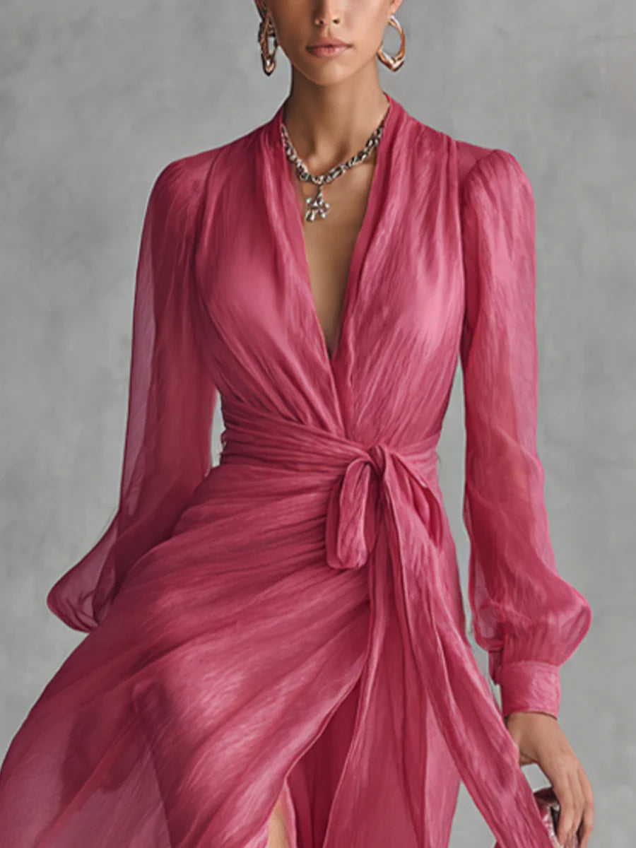 Mosi | Elegant Chiffon V-Neck Tie-Waist Long Dress