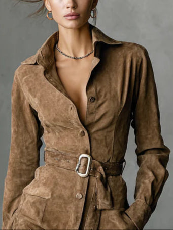 Wrenley | Suede Belted Shirt Dress