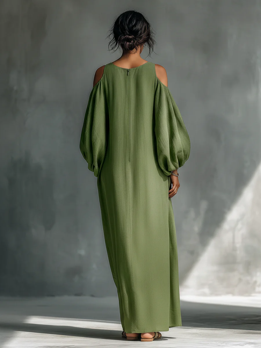 Vickie | Green Off-Shoulder Puff Sleeve Maxi Dress