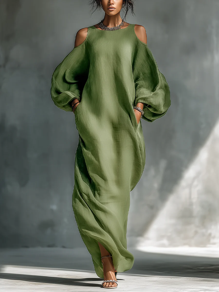 Vickie | Green Off-Shoulder Puff Sleeve Maxi Dress