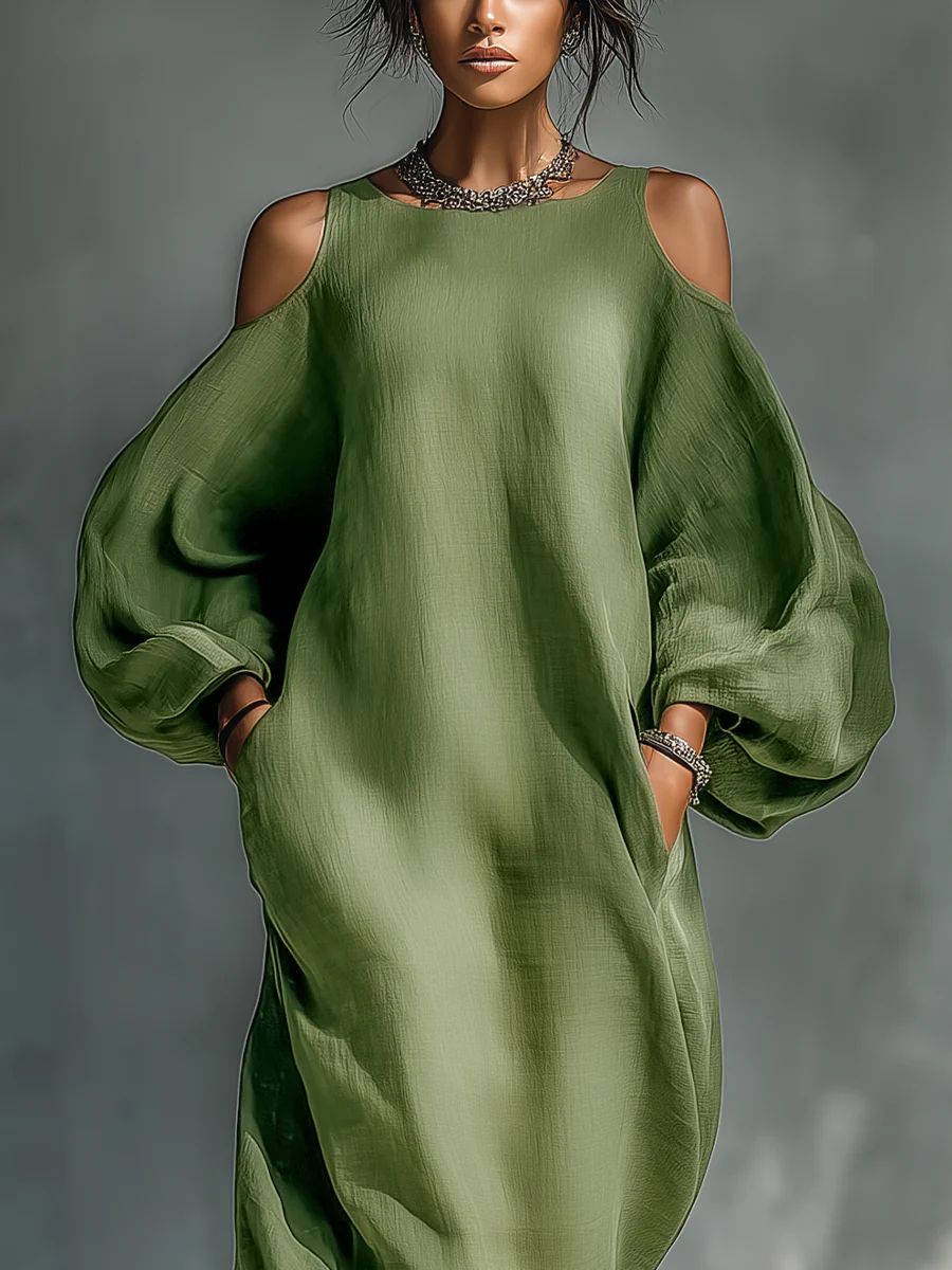 Vickie | Green Off-Shoulder Puff Sleeve Maxi Dress
