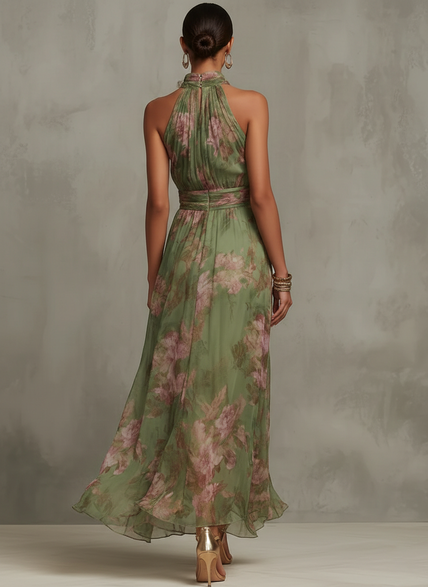 Alyna | Green Floral Chiffon Halter Maxi Dress