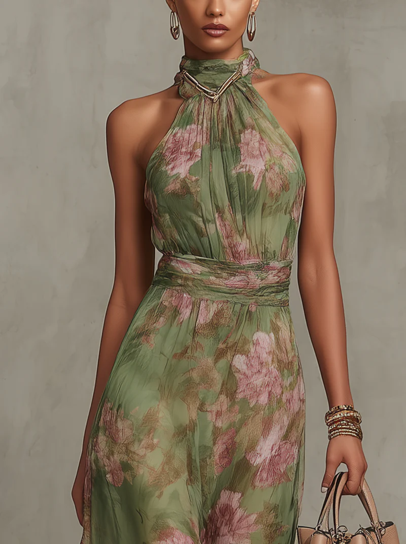 Alyna | Green Floral Chiffon Halter Maxi Dress