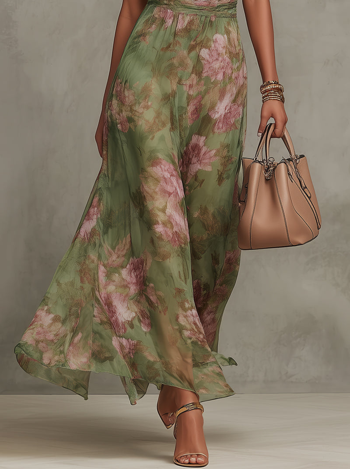 Alyna | Green Floral Chiffon Halter Maxi Dress