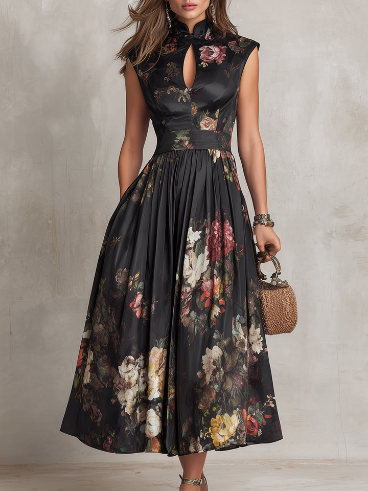Tenley | Black Floral Satin Pleated Midi Dress